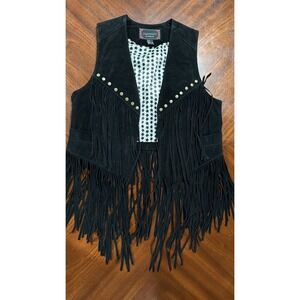 Forever 21 Women's Black Suede‎ Leather Fringe Studded Vest Boho Festival Sz M